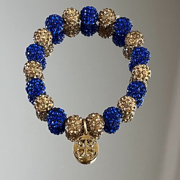 Rustic Cuff Metal Stainless Steel Shambala Beaded Stretch Bracelet blu/gld - Picture 3 of 3